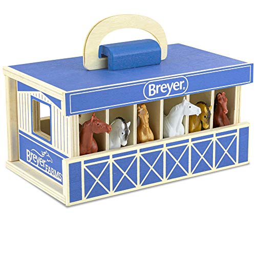 Breyer Horses Farms Wooden Stable Playset with 6 Horses | 6 Piece | 6 Stablemates Horses Included | 6” H x 9” L x 2.5” D | 1:32 Scale | Model #59217, Multi